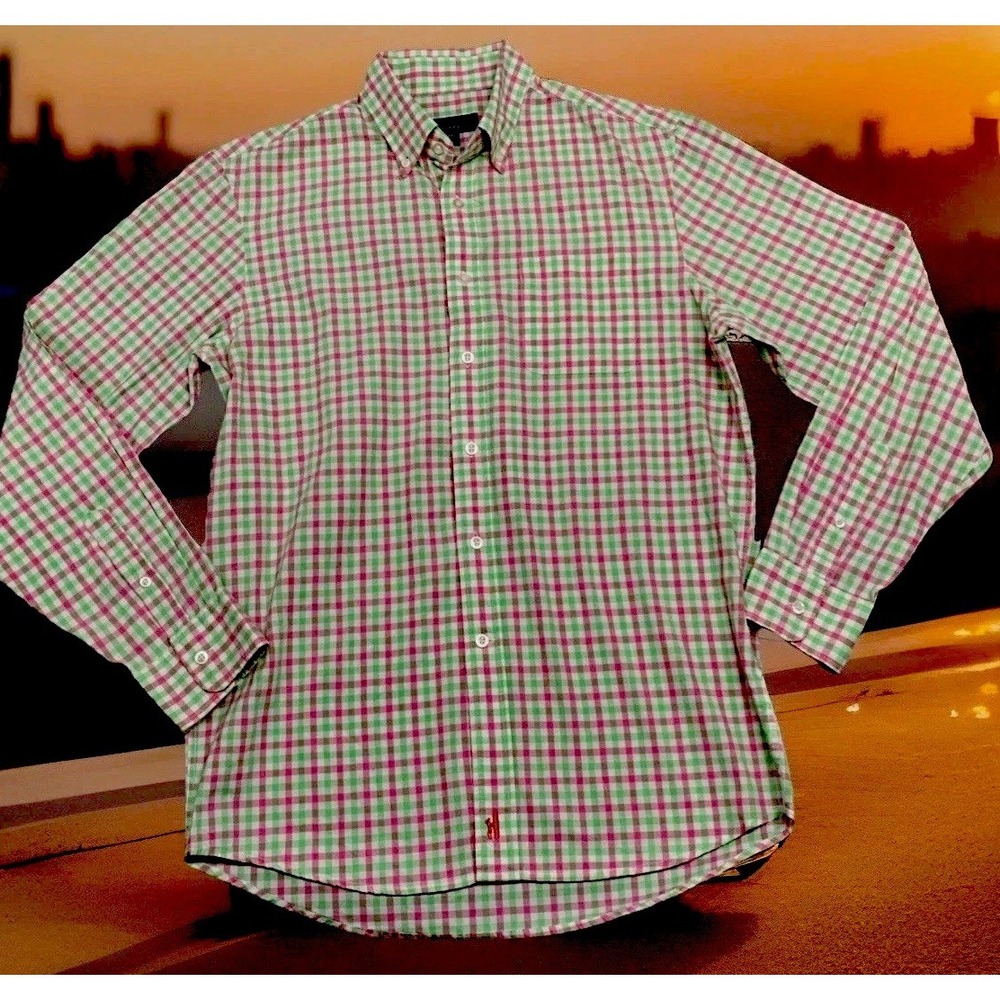 Johnnie-O Shirt Men Medium M Pink Green Sunset Gingham Check LS Hangin Out NWOT
